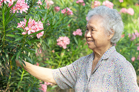 亚洲年长或年老的老年妇女在公园用花走路锻炼运动图片