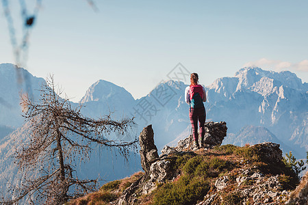 在阿尔卑斯山脉的秋天漫步时 看着周围山丘的景象 从后背上的女人远足者所看到的观点图片