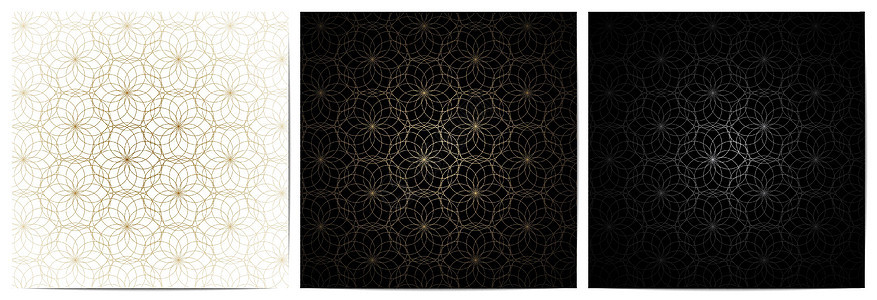 一组抽象的几何无缝圆形平整简单线条 黑色 白色和金色背景的花样奢侈品图片