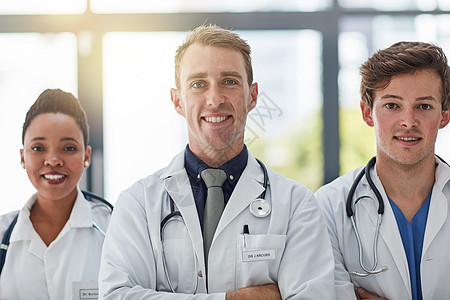 努力实现身体健康的承诺 一群医生站在医院里的肖像图片
