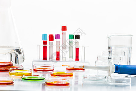 实验室分析研究带有血样和尿样的试管和培养皿 用于在白色实验室的桌子上进行分析药品科学家血液药店样本科学样品医院化学化学品图片