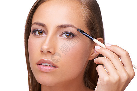 女人 脸和化妆用眉毛和刷子美容 微刀片和睫毛膏在白色背景 肖像 睫毛和眼睛与美容护理和美容工具与护肤在工作室女孩高清图片素材