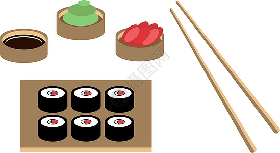 酱油 姜汁 黄麻 寿司和筷子 矢量图片