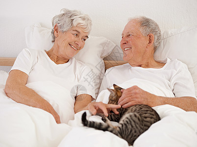 只有三个人 一对年老夫妇和他们的猫一起躺在床上 睡在床上的情侣图片