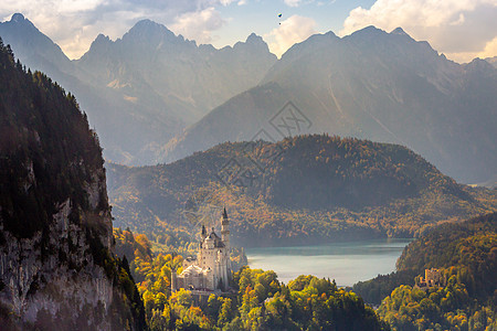 纽施旺斯坦和巴伐利亚阿尔卑斯湖德国巴伐利亚 金秋天风光林地日出森林天空松树林日落田园旅行摄影图片