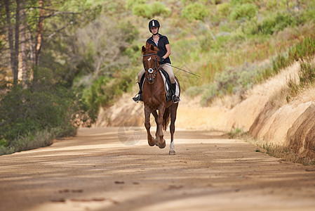 在马背上体验大自然 一位年轻女子骑着她的栗色马去兜风动物成人训练棕色马匹马术女性活动板栗骑马图片