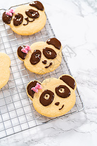 熊猫形短面包饼干 带有巧克力冰淇淋甜点糕点线架食谱衣架糖果主题烹饪食物烘烤图片