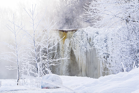 冷冻的小型山瀑布特写 爱沙尼亚 冻结的冰柱寒意蓝色溪流旅行季节天气石头岩石图片