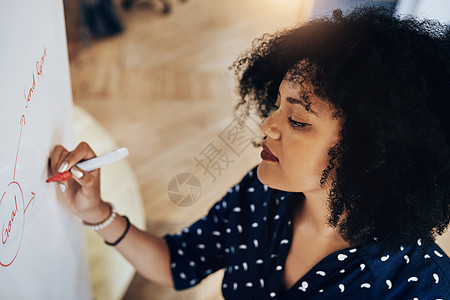 良好的计划总能帮助您更轻松地实现目标 一位年轻女设计师在办公室的白板上做一些规划的高角度拍摄图片