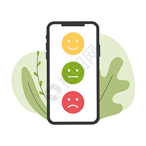 在电话上反馈情绪量表 评价有好有坏 以情绪的形式反馈 矢量平面插画图片