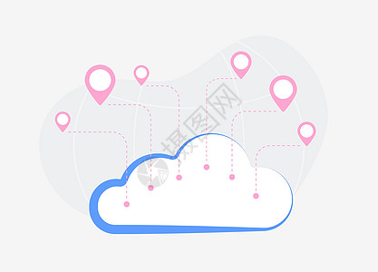 连接到不同地点的公司存储点 私人 公共或社区用红针矢量插图储存云层;在离子上显示红色的电源 以示宽度图片