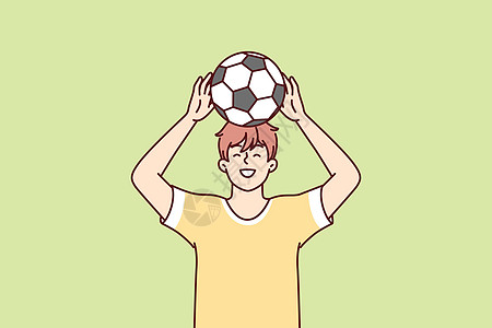 少年男孩在梦想成为职业橄榄球运动员的头部上举起球来 矢量图像图片