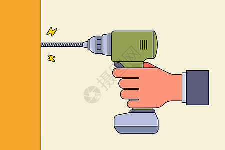 一手握着钻孔 把螺栓扭到树上 做家务的建筑工具机械自攻木头维修修理工乐器手钻金属装修力矩图片