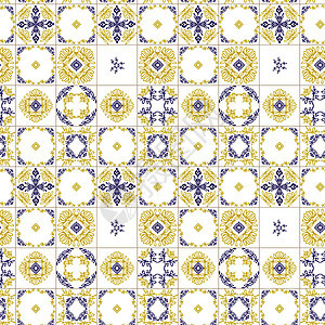 Azuleyo无缝结构的黄色和蓝色装饰品 葡萄牙几何陶瓷网站地面正方形条纹海军墙纸剪贴簿传统曲线几何学图片