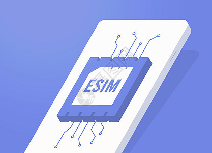 eSIM - 数字模拟技术概念 可编程的移动电话电子SIM卡 特写屏幕上带有 Esim 图标的等量智能手机图片