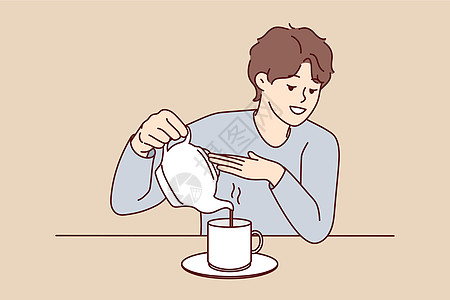 男人在杯中从茶水里倒茶卡通片饮料茶碗咖啡厨房咖啡店茶壶厨具餐具享受图片