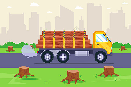 卡车运输木柴 草地和树桩图片