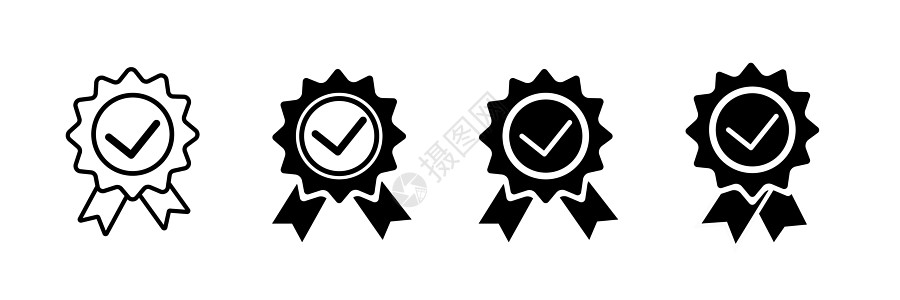 批准奖章矢量图标集 批准 认证 合格 最佳 复选标记和第一的符号集合 黑色平面设计风格的徽章 花饰和徽章的矢量符号集图片