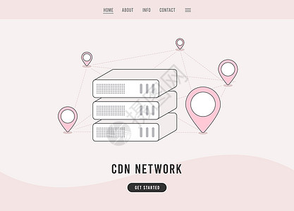 内容交付网络-CDN 概念 地理分布的数据中心 代理服务器网络 线性轮廓平面设计矢量电子商务登陆页面模板图片