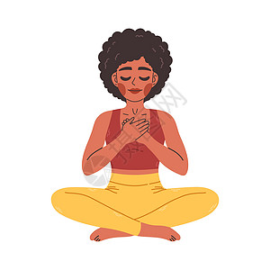 瑜伽莲花姿势的年轻黑人妇女双手放在胸前 沉思的女孩插图 瑜伽女人 冥想 抗压力图片