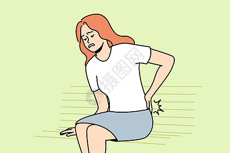 身体不健康的妇女背负着背痛的病痛卡通片创伤脊柱症状姿势斗争风湿病医疗骨科伤害背景图片