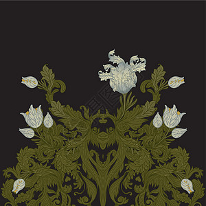 花卉复古元素 魔法复古花 工艺美术运动的灵感 矢量设计元素 孤立在黑色古董植物纺织品绘画框架墙纸插图叶子花园艺术图片