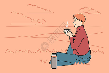 快乐的男子在大自然中喝茶休息闲暇爬坡娱乐插图热水瓶绘画卡通片男性咖啡图片