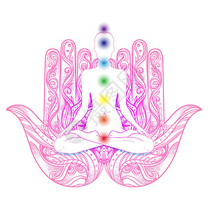 人类剪影坐在莲花的位置与脉轮在 hamsa 符号在背景上 矢量图的孤立的女孩 华丽的手绘 hamsa 受欢迎的护身符图片
