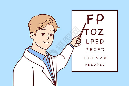 男医生指向张贴有信件的海报 以检查病人的视力 矢量图象图片