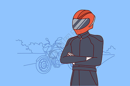 身穿职业摩托车和头盔的自行车 面部和眼睛遮盖着防护服图片