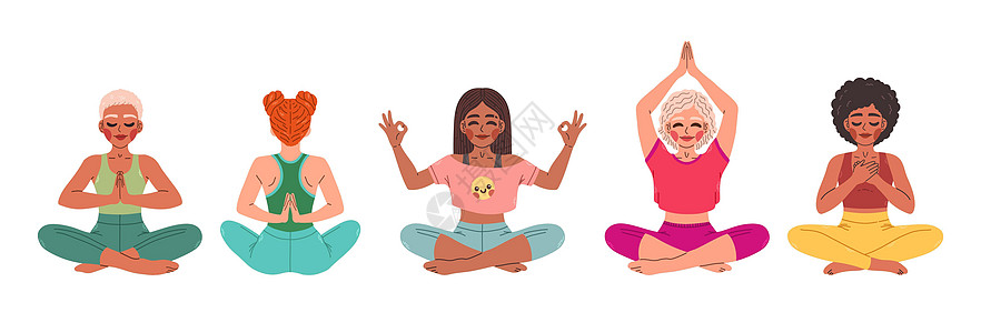一群年轻女性坐在瑜伽莲花的姿势上 静默的女孩插图 女瑜伽 冥想 反压力图片