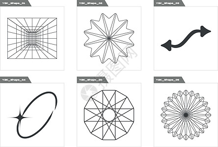 对象的 Y2K 样式向量集 野蛮星和花的形状 现代抽象形式地球涂鸦海报月亮几何学金光服饰原子绘画狂欢图片