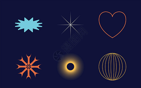 收集 Y2K 元素 布鲁塔利主义恒星和花形 网球元素涂鸦狂欢技术海浪世纪艺术海报月亮空间中叶图片