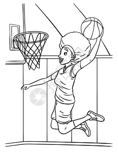 儿童篮球女孩冲火女击灌下彩色页面扣篮绘画篮球填色染色彩页运动乐趣玩家插图图片