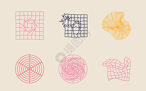 Y2K 元素的集合 抽象图形几何符号的大集合 平面极简主义图标中叶狂欢行星艺术打印技术空间海浪插图世纪图片
