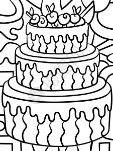 儿童三层蛋糕甜食彩色页面染色甜点孩子们插图彩页浇头食物糕点手绘绘画图片