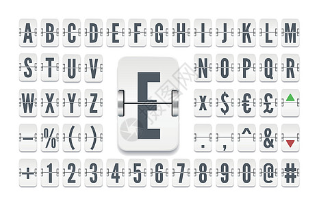倒计时或股票汇率的白色航空公司翻转板字母表 机场航站楼机械记分牌字体的矢量插图 用于显示航班起飞或财务信息图片