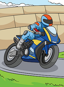 骑摩托车的有色彩色卡通插画说明图片