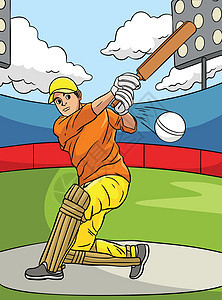 板球运动彩色卡通插图背景图片