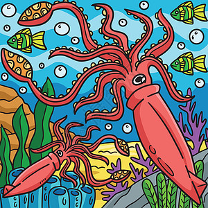 巨型鱿鱼海洋动物彩色漫画图片