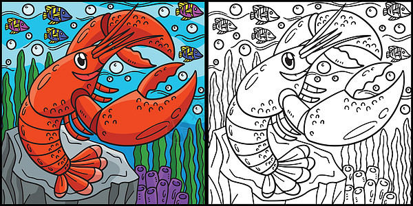 龙虾着色页面有色说明颜色图画书儿童螃蟹卡通片彩页贝类涂鸦手绘孩子们图片