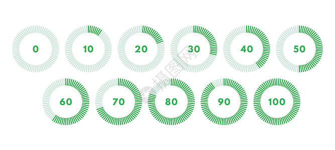 一组绿色圆环进度栏 定时器图标 间隔为10% 下载显示 矢量插图图片