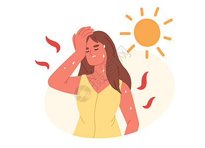 患有发热症状 出汗 高体温 脱水 穿孔和头痛的年轻女性 夏季炎热 带太阳 Flat矢量图解背景图片