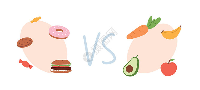 健康和不健康的食物概念 营养之间的选择 快餐 小吃 甜食和脂肪饮食与水果套装 平面矢量图图片