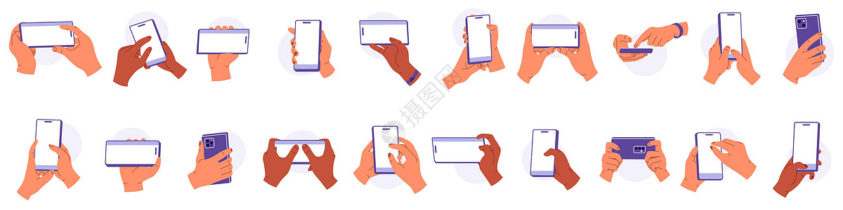 一堆拿着手机的多种族手 有电话的人在手概念 白色智能手机屏幕 在白色背景上孤立的平面矢量图技术电脑插图空白商业工具卡通片电子触摸图片