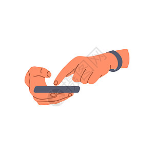 手拿着电话 手指触摸 点击 滚动智能手机屏幕 使用应用程序 手和电话图标 人类的手触摸智能手机屏幕 在黑色背景上孤立的平面矢量图图片