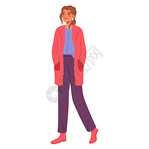 女人穿着休闲时尚的衣服 穿着时尚秋季服装的模特 穿着现代裤子 开衫的女性 平面矢量插图图片