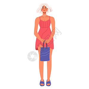 穿着时尚夏装和包包的现代女性 穿着时髦的金发女郎 拖鞋 时尚休闲的外观 平面矢量插图图片
