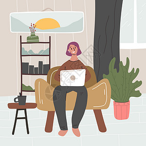一名女性在笔记本电脑上工作 在家远程工作 手画风格图片