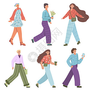 走路的人 人们带着智能手机走路 不同生活方式的人 年轻动人的时尚人物 矢量图图片